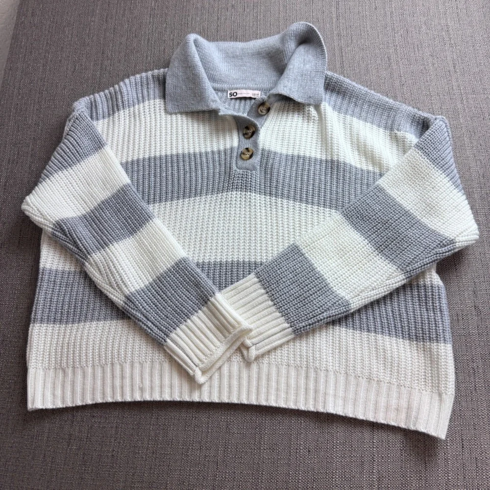 SO Goods For Life Gray White Striped Polo Collar Henley Knit Sweater Womens L